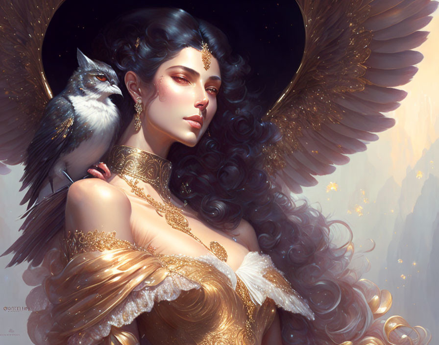 Fantasy illustration of woman with dark hair, golden jewelry, bird, and angelic wing.