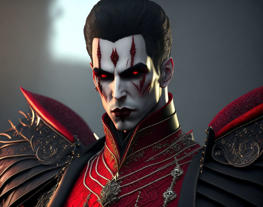 Male vampire figure in 3D-rendered image with pale skin, dark hair, red eyes,