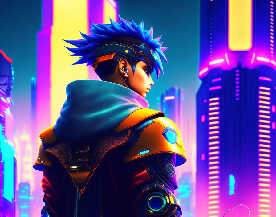 Character with Spiky Blue Hair in Futuristic Jacket Night Cityscape