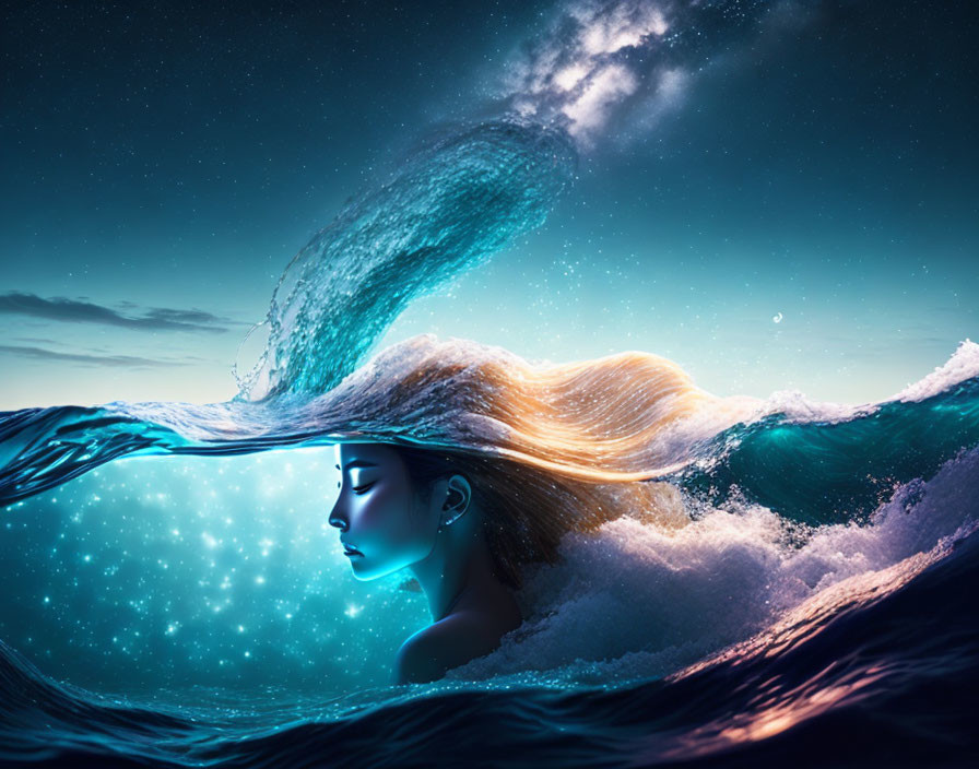 Surreal underwater woman profile with flowing hair under starry sky