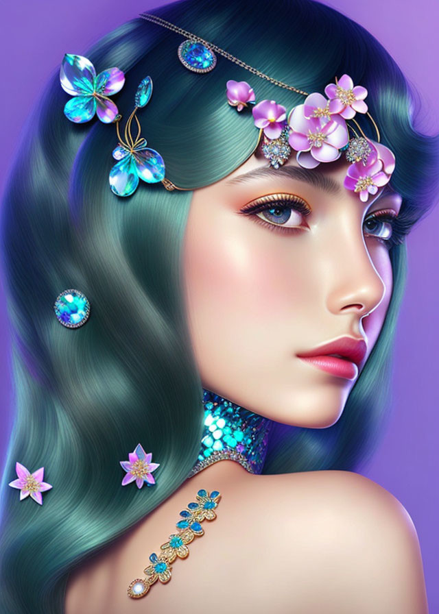 Woman with Teal Hair and Jeweled Floral Headpiece Illustration