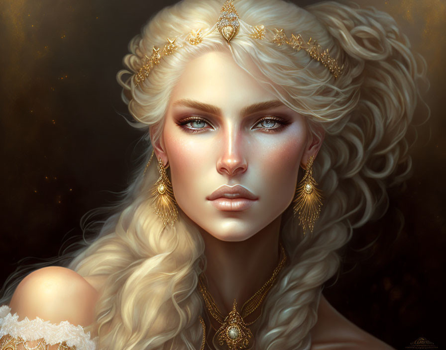 Fantasy character portrait with golden jewelry and ornate headdress