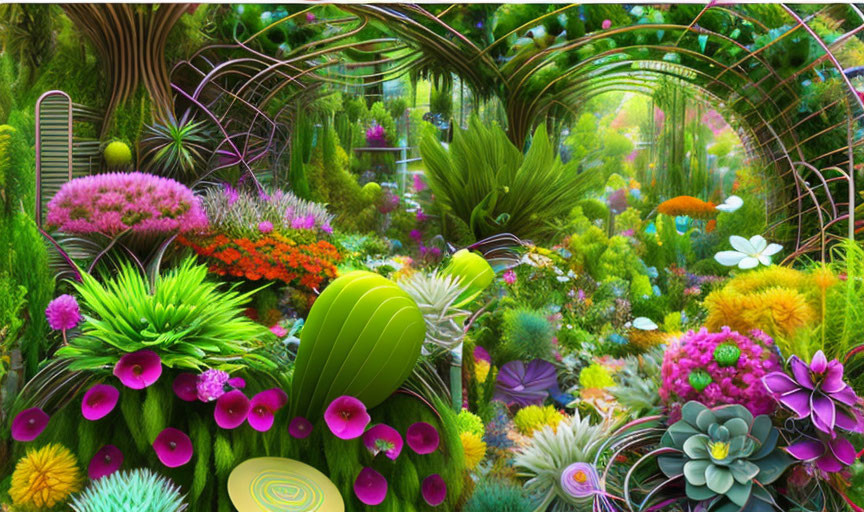 Fantastical garden with oversized colorful flowers and whimsical shapes