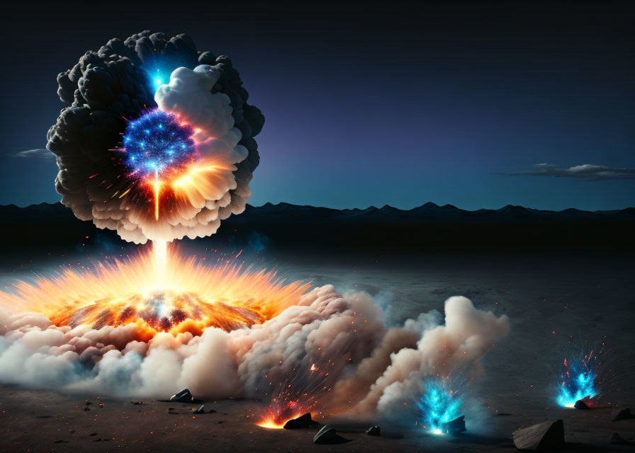 Colorful Twilight Desert Explosion with Scattered Debris