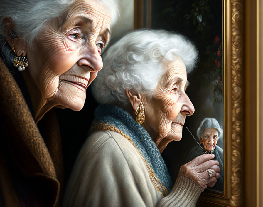 Elderly woman with white hair and earrings gazes into mirror