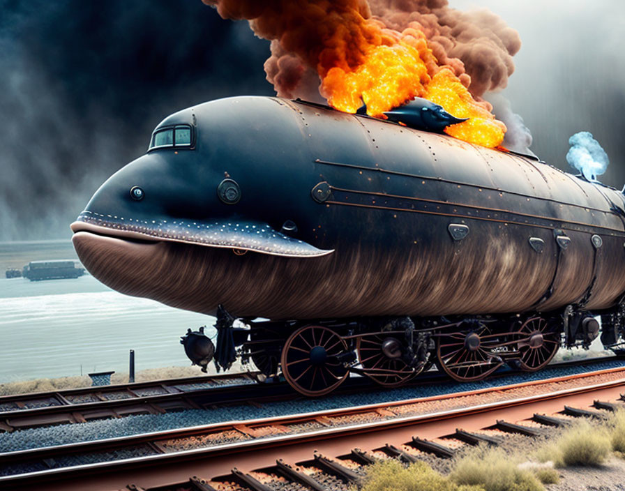 Vintage steam locomotive with fiery explosion and billowing smoke on tracks