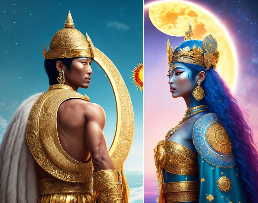 Male and Female Characters in Golden and Blue Costumes with Mythical Celestial Elements