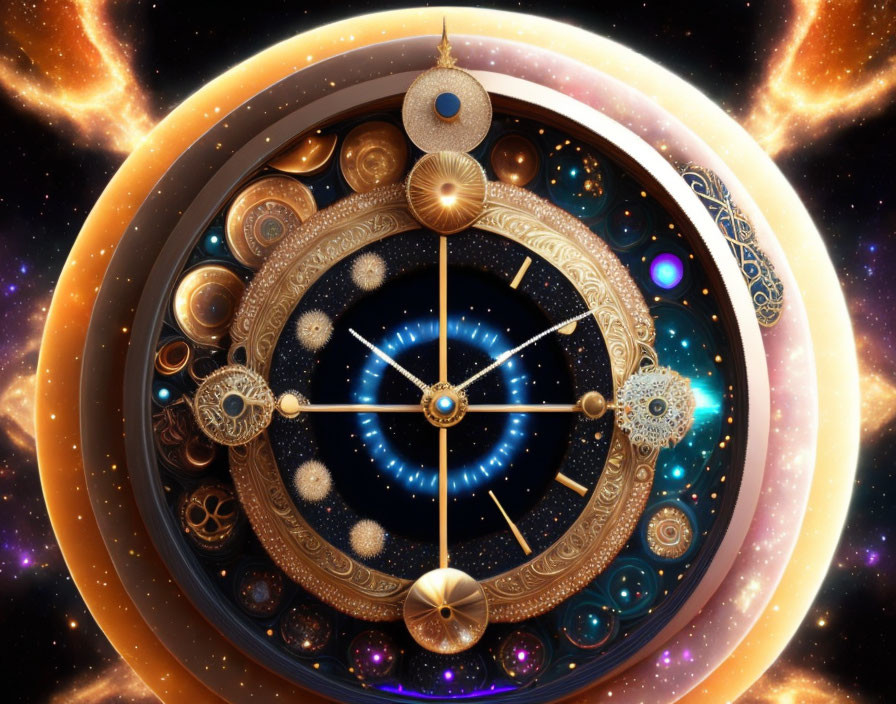 Ornate astronomical clock with golden gears against swirling galaxies