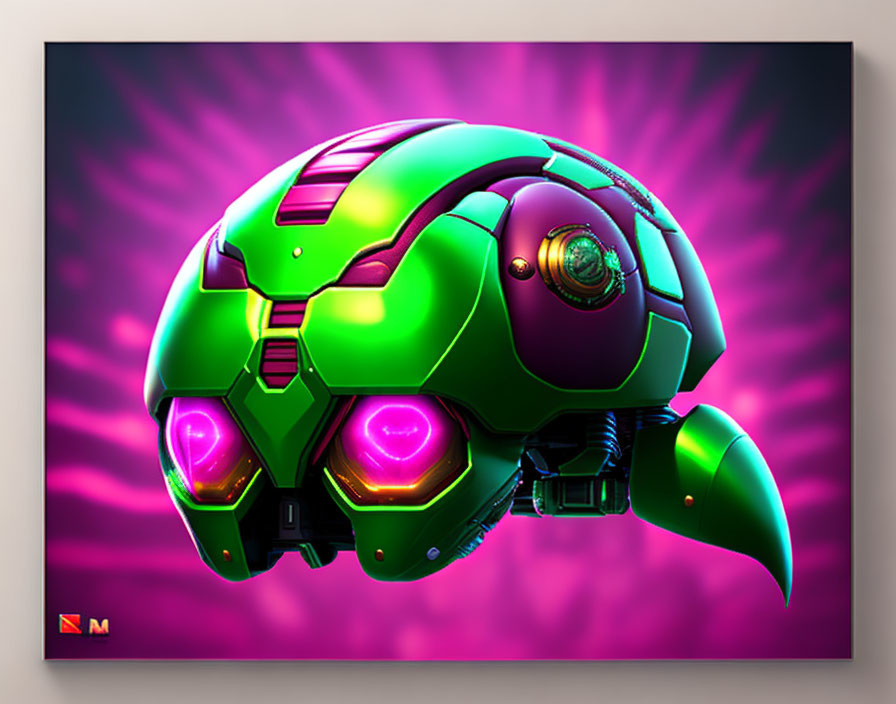 Futuristic Helmet Artwork with Neon Green and Purple Palette