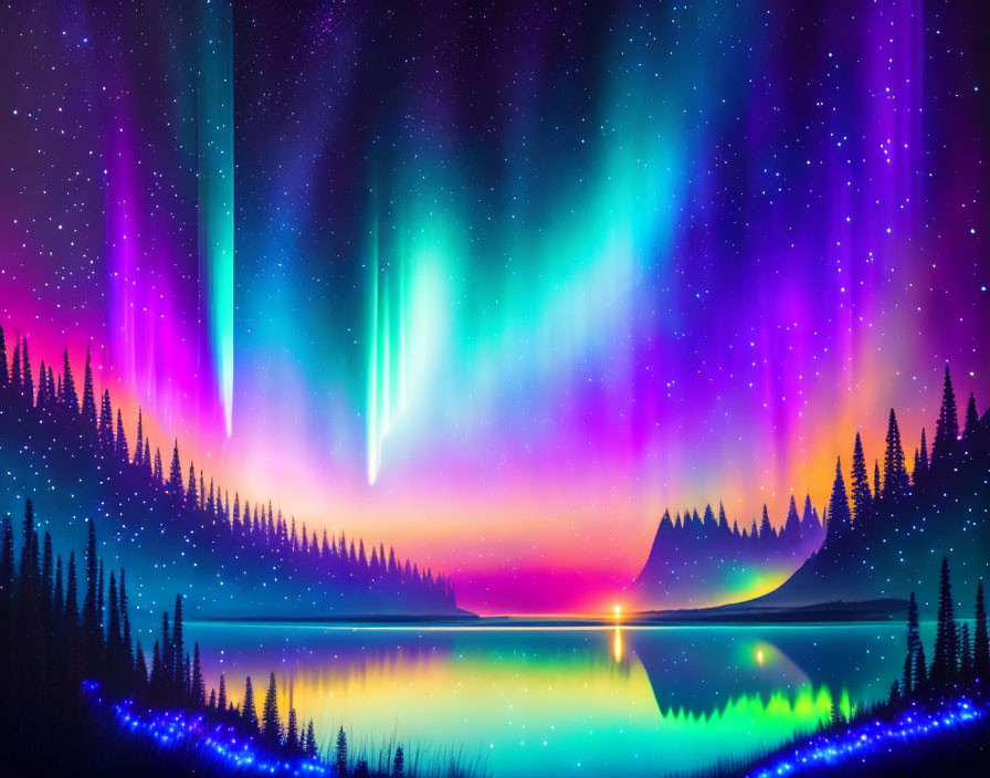 Colorful Aurora Borealis Over Serene Lake and Forest Silhouette