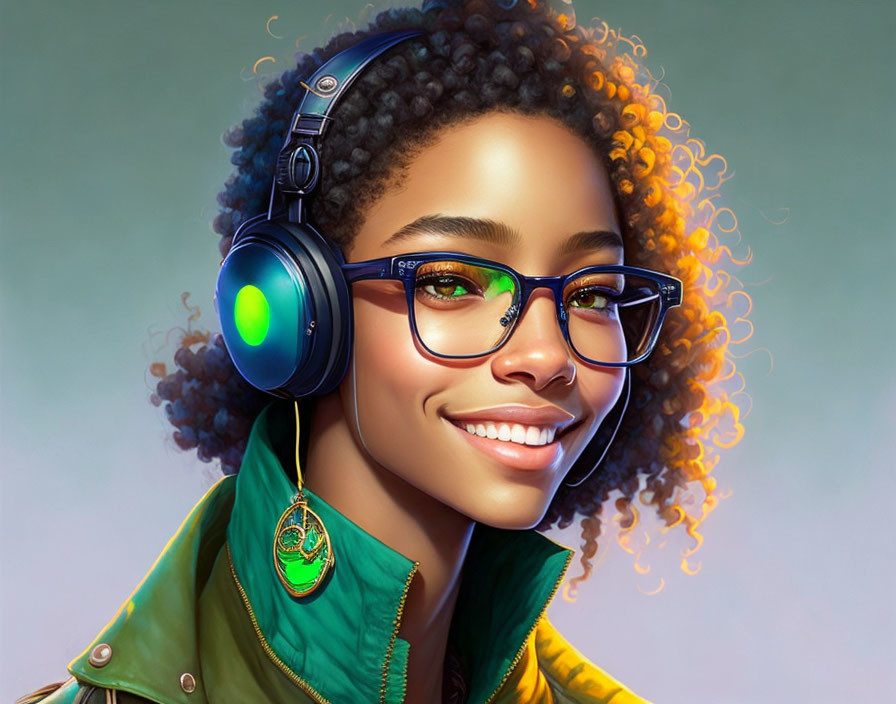 Illustrated Woman with Curly Hair, Glasses, Headphones, Green Jacket, and Glowing E