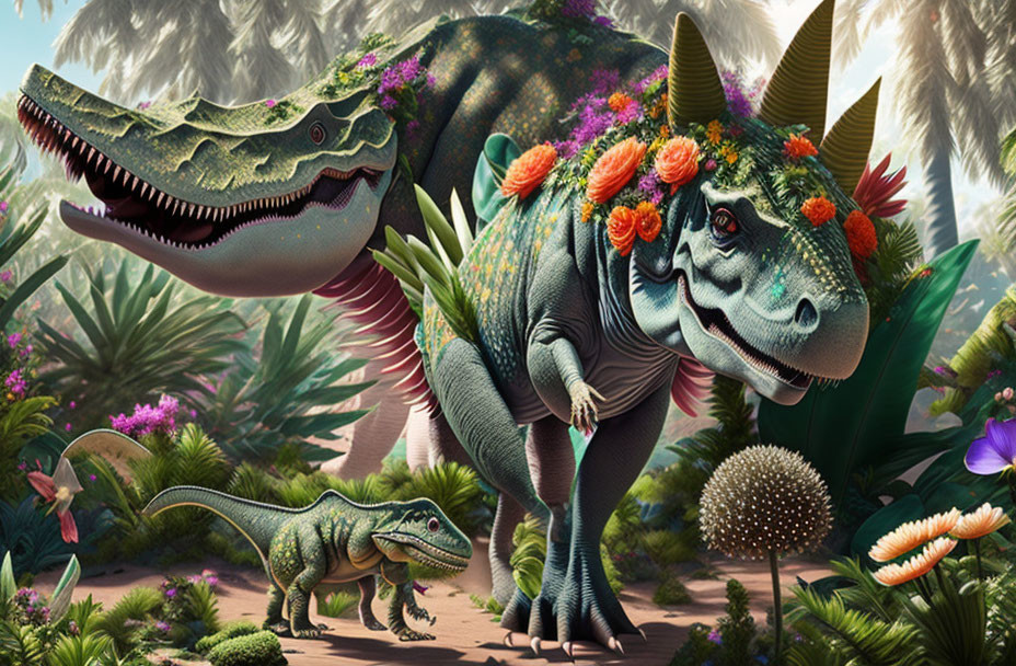 Vibrant Flower-Adorned Dinosaurs in Lush Jungle Environment