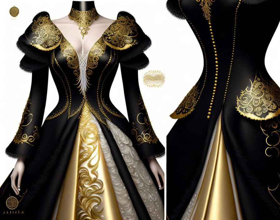 Elegant Black and Gold Gown with Off-Shoulder Neckline and Flared Sleeves