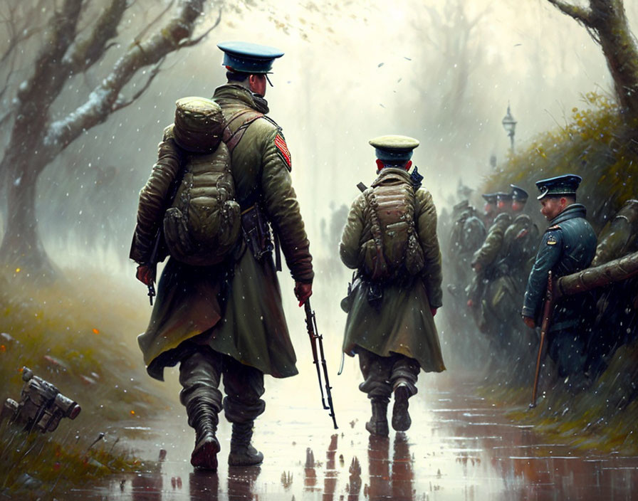 Four soldiers in historical military uniforms walking on foggy road with rifles and backpacks