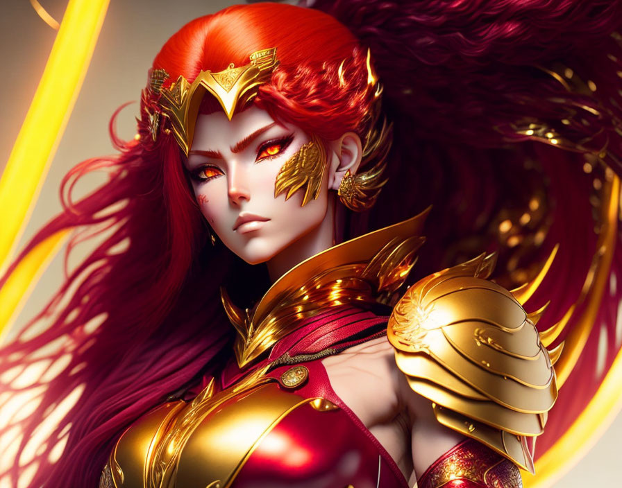 Fantasy warrior digital artwork with red hair, golden armor, winged headpiece, and yellow sword