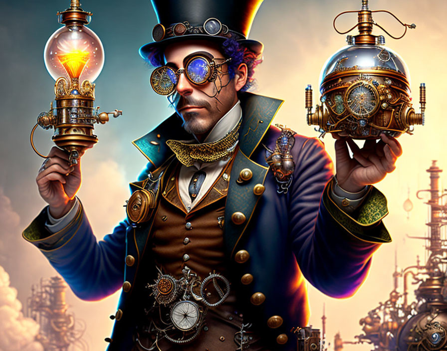 Steampunk man with glowing bulb and mechanical device in industrial setting