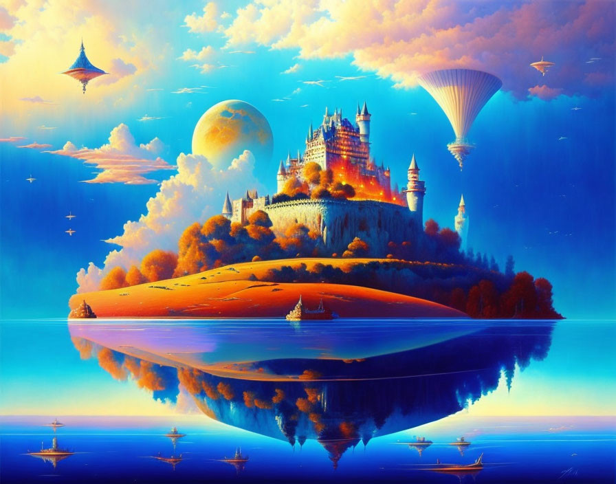 Fantasy landscape with floating island, castle, moon, and airships