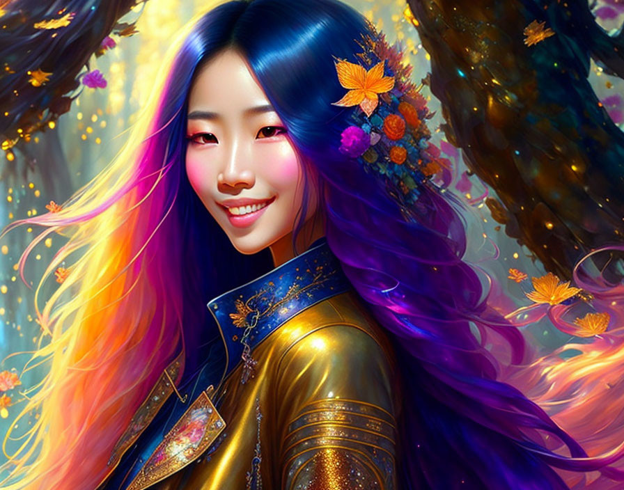 Colorful digital portrait of smiling woman with multicolored hair, golden jacket, and autumn leaves.