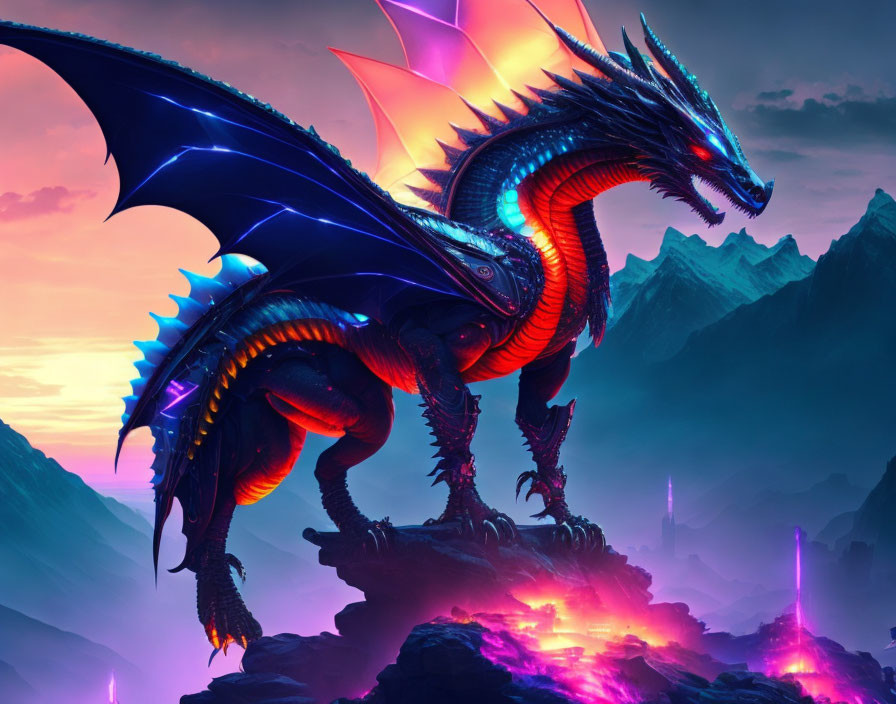 Majestic blue dragon with glowing spikes in mystical purple landscape