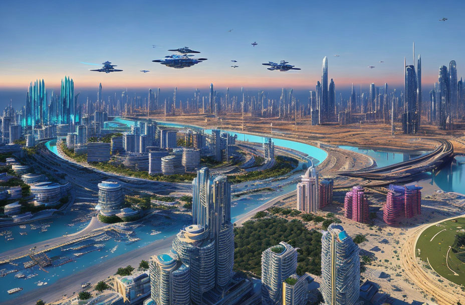 Futuristic cityscape with skyscrapers, river, parks, and flying vehicles