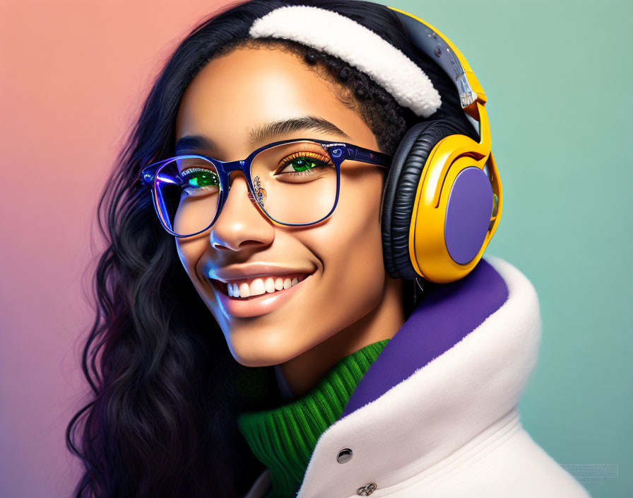 Smiling woman with curly hair in blue glasses and headphones on pastel background