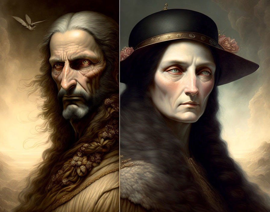 Detailed Fantasy Portraits: Male in Fur Cloak, Female with Hat, Red Eyes, Moody Cloud