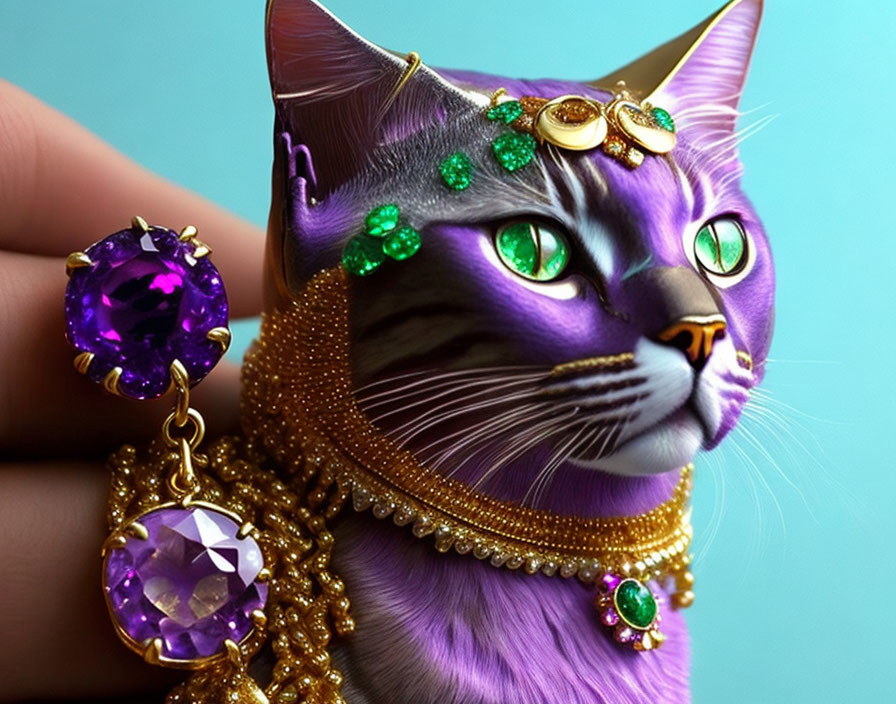 Purple cat with gold jewelry and emerald accents held by matching hand.
