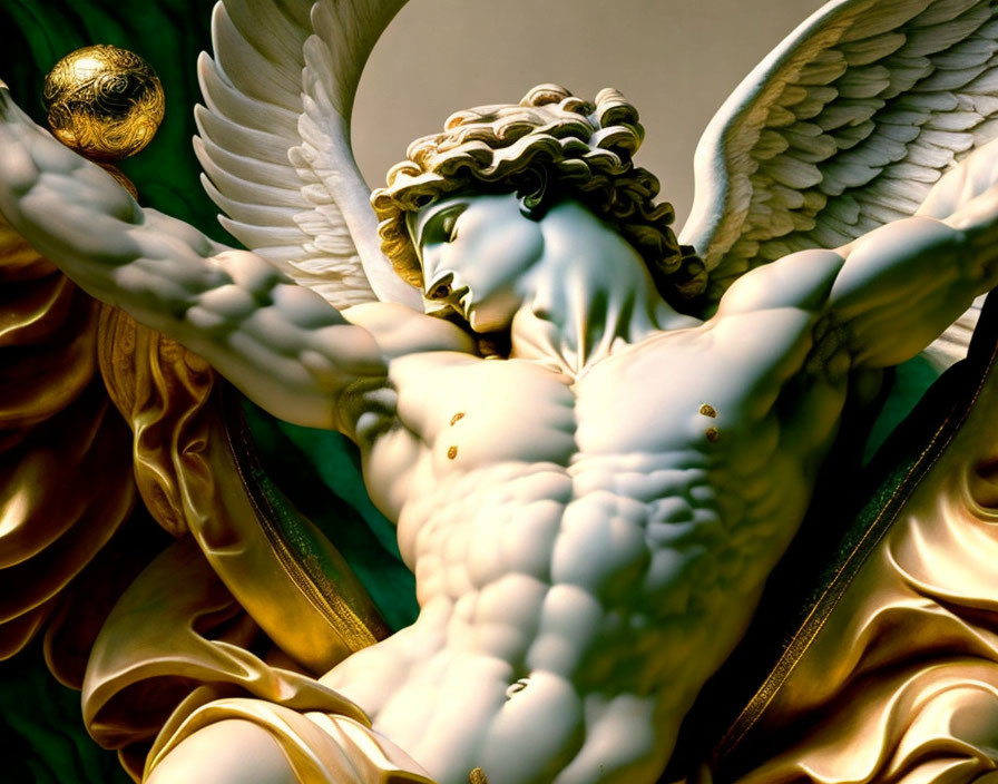 Muscular angel sculpture with white wings and golden drapery