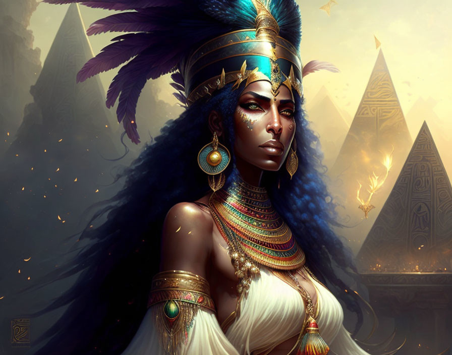 Illustration of elegant woman in royal attire with feathered headdress and pyramids.