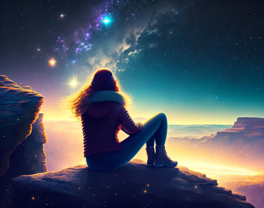 Person gazes at vibrant starry sky on cliff edge