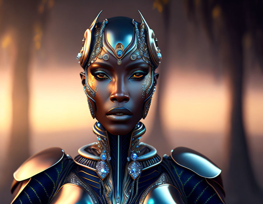 Digital artwork: Female figure in futuristic armor with intricate headgear, set in autumn forest.