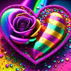 Colorful heart-shaped rose artwork with horn-like object and beads