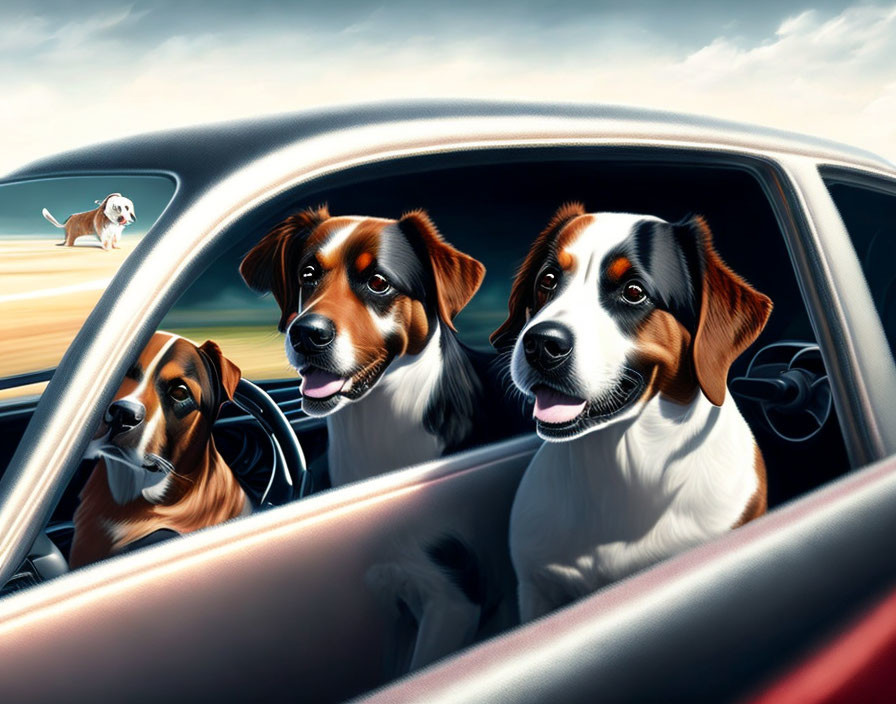 Three dogs in car with sunny sky and running dog in background