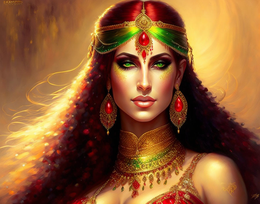 Digital artwork featuring woman with golden jewelry, green eyes, red bindi, and ornate headpiece