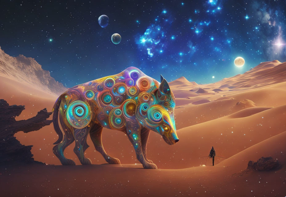 Person facing luminous wolf-creature in desert under night sky