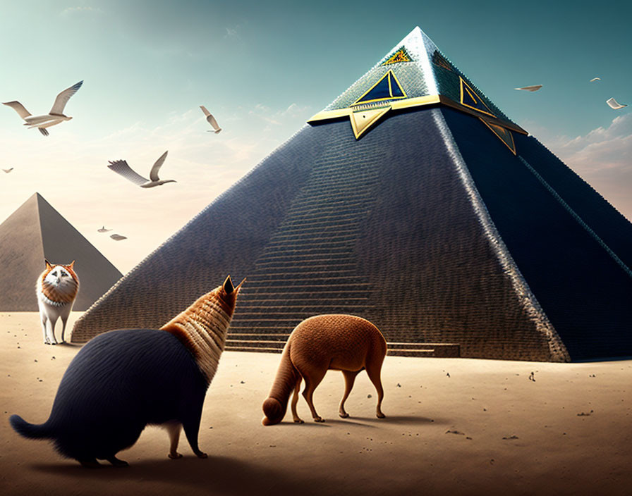 Stylized foxes, glowing pyramid, surreal sky with birds