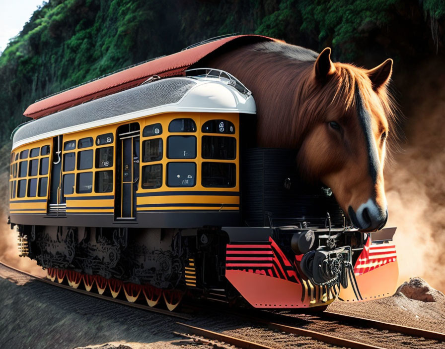 Surreal image: train with horse head on track in greenery