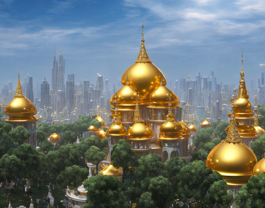 Futuristic cityscape with golden domes and skyscrapers against blue sky