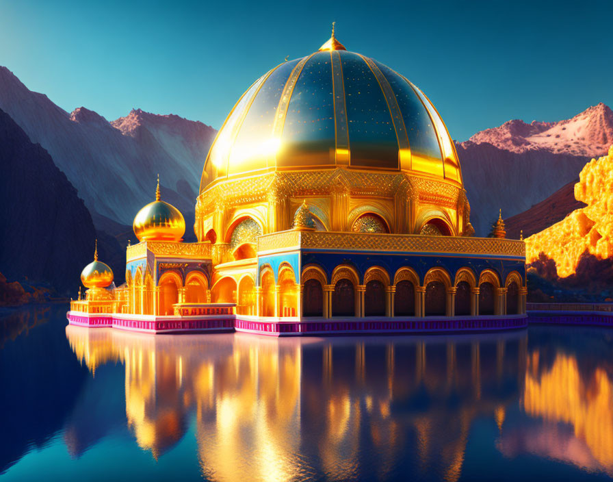 Golden-domed building reflected in water with mountains at sunset/sunrise