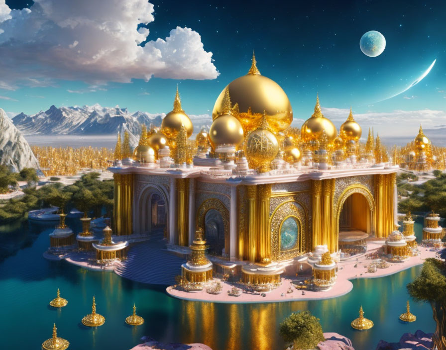 Golden palace with domes and spires near a serene lake, mountains, crescent moon.