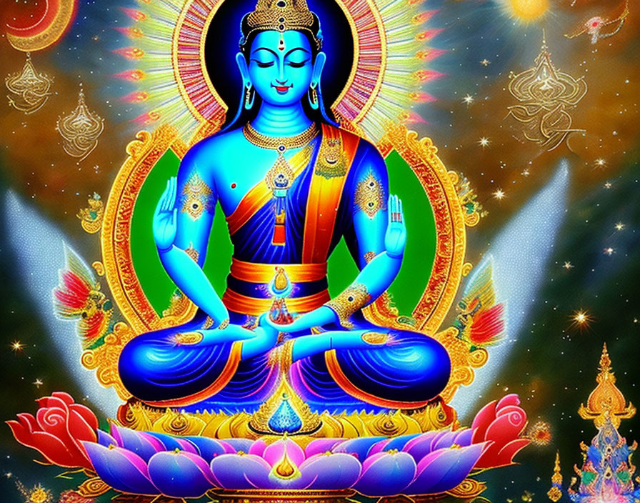 Vibrant illustration of seated deity with multiple arms in blue skin and gold jewelry against floral and cosmic