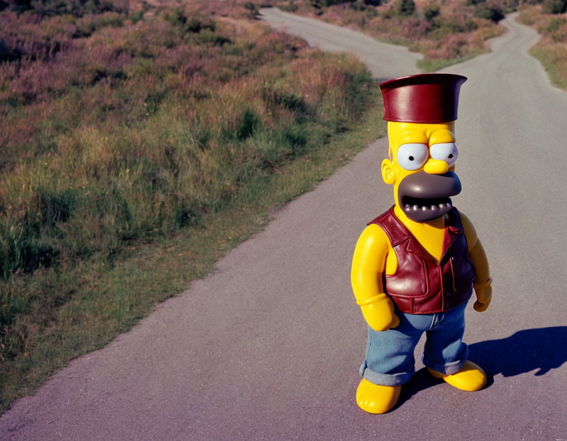 Realistic 3D Homer Simpson sculpture on road with grass and shrubs