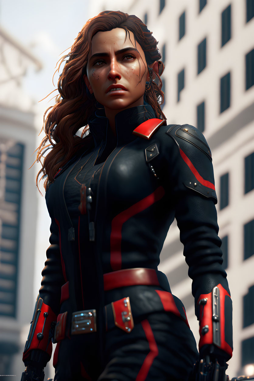 Wavy Brown Hair Female Character in Black and Red Tactical Outfit