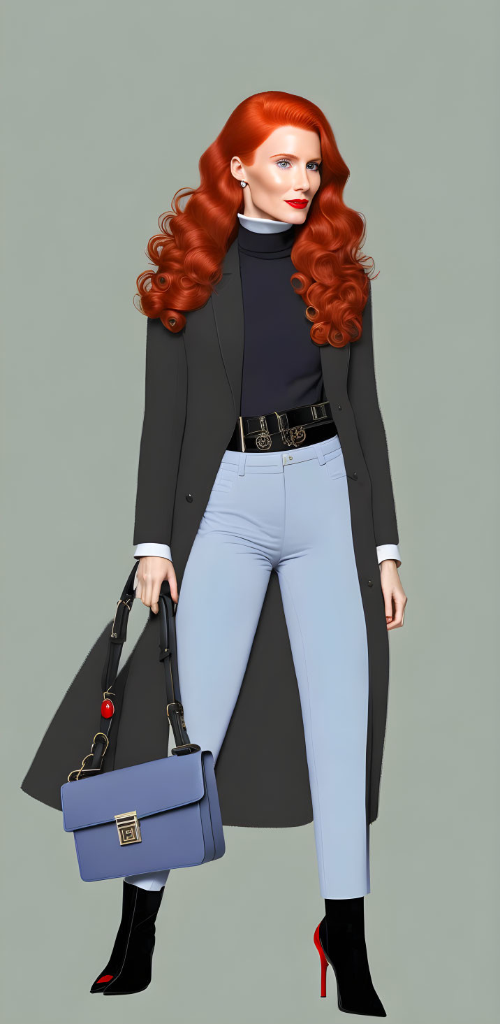 Red-haired woman in black coat, blue pants, and heeled booties.