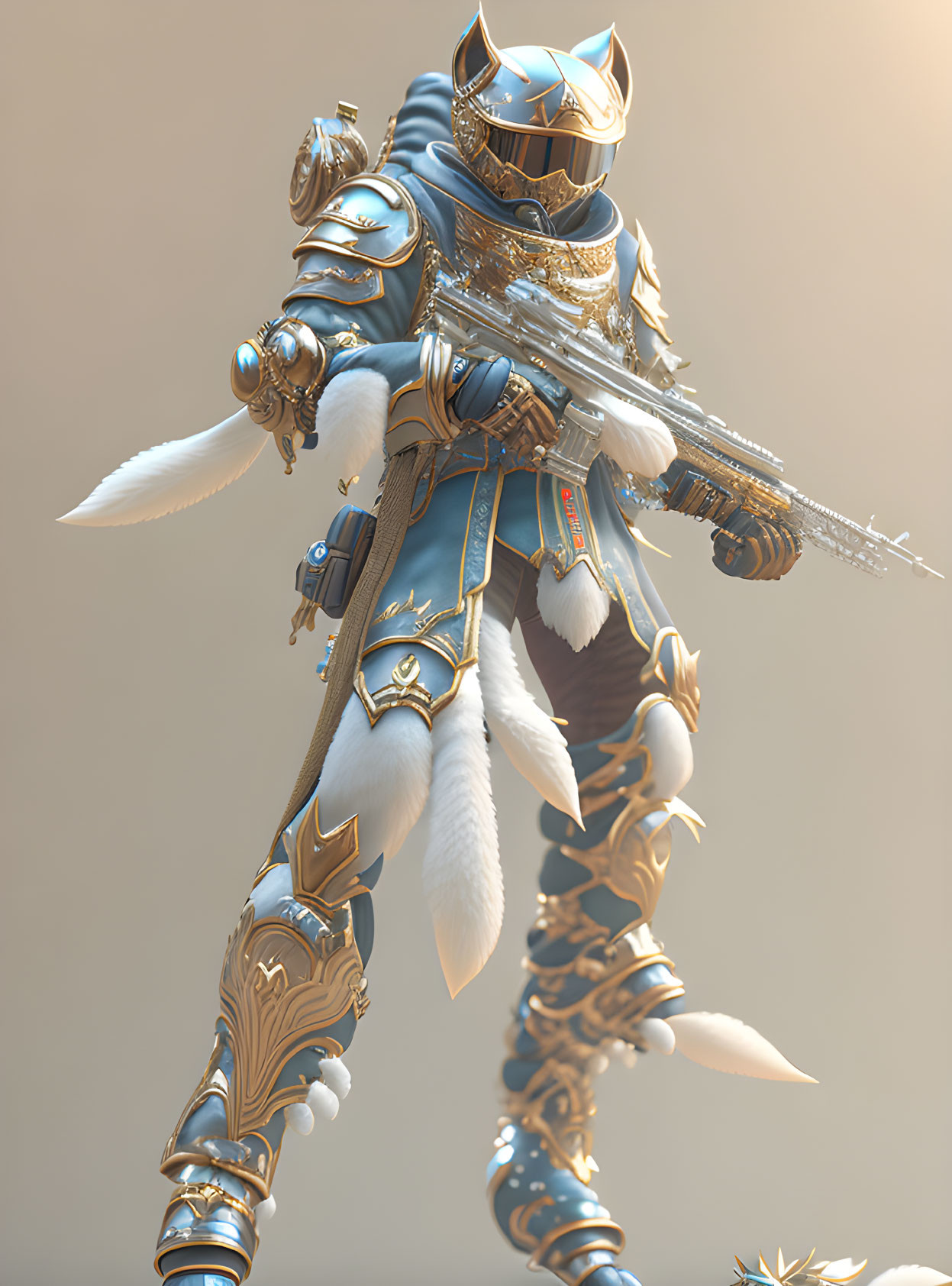 Futuristic knight in blue and gold armor with rifle and fur details