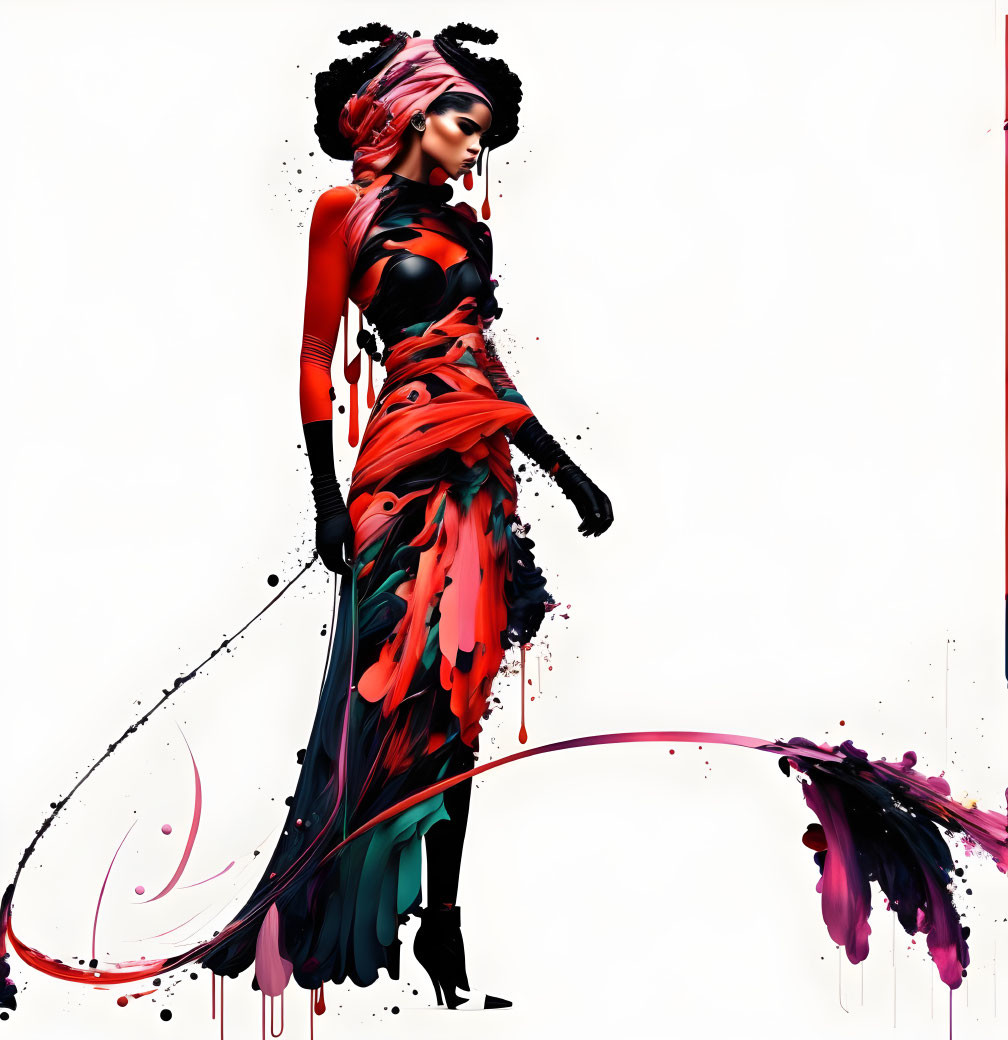 Abstract digital artwork of female figure in red and black with flowing, transformative elements