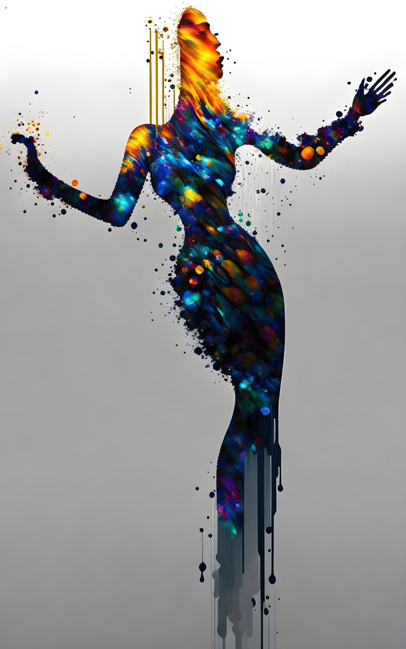 Vibrant abstract silhouette of a woman with flowing paint splashes