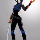 Female warrior 3D illustration with glowing hand and sword in blue and gold outfit