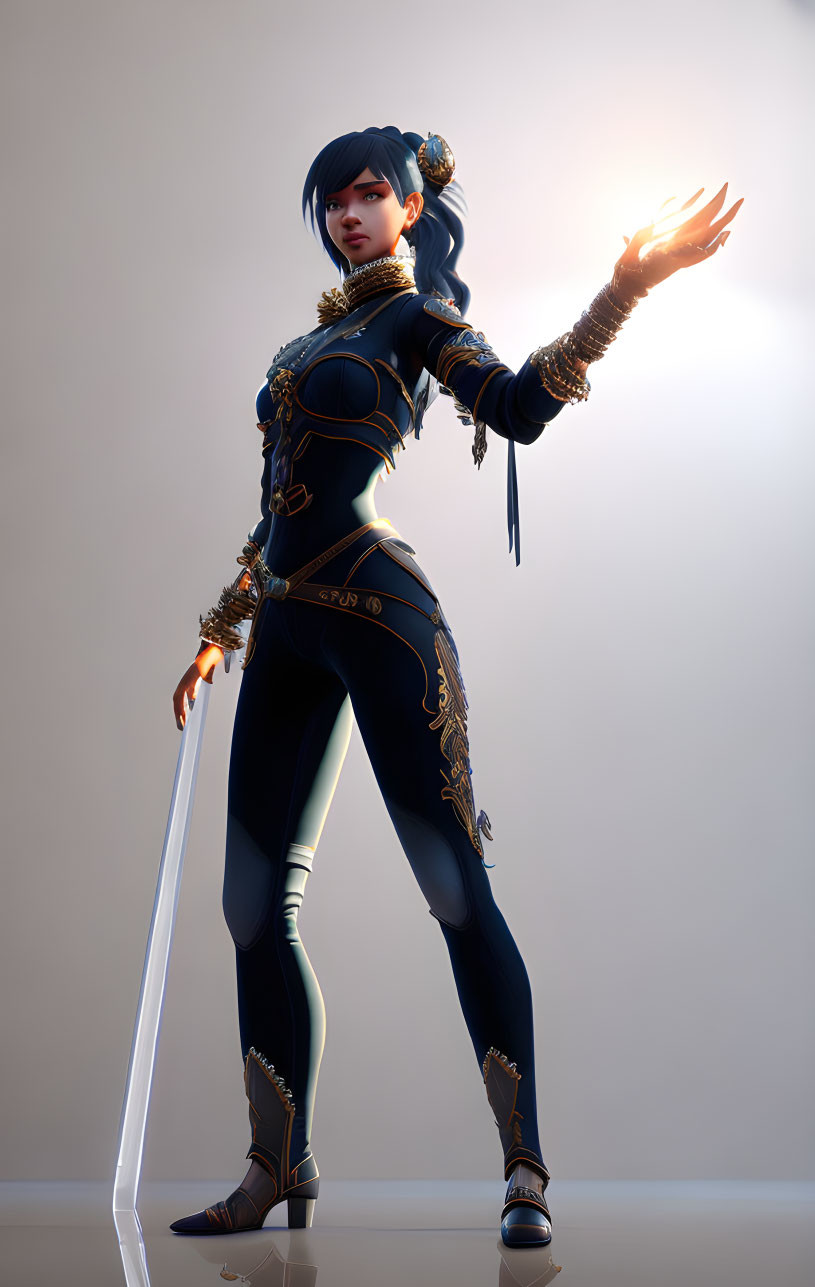 Female warrior 3D illustration with glowing hand and sword in blue and gold outfit