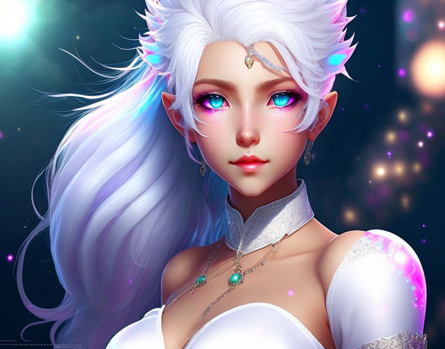 Fantasy character with white hair, purple eyes, pointed ears, adorned with jewelry, against starry